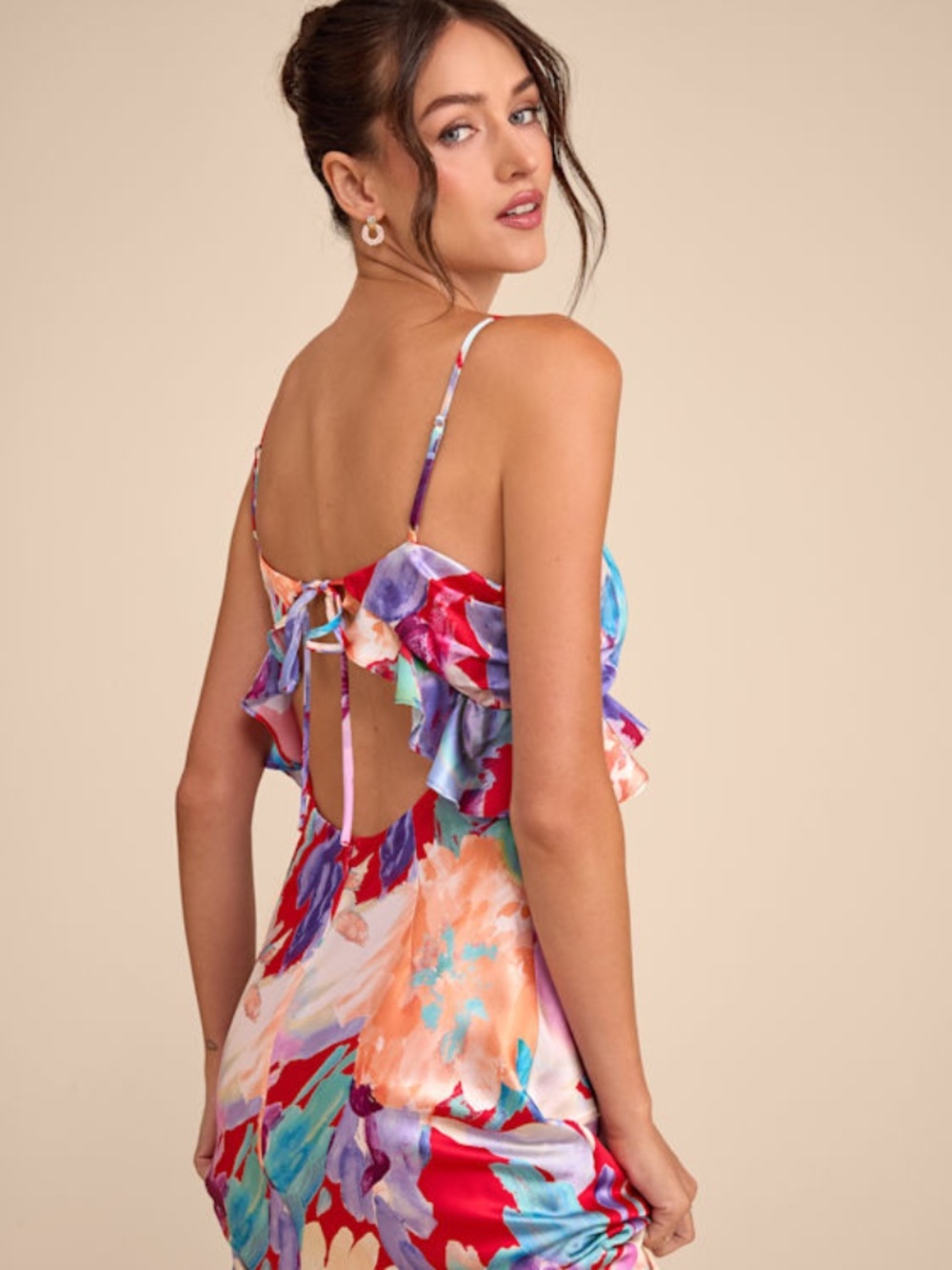 Lulus Augustina Red Multi Floral Satin Ruffled Midi Dress - Size XS